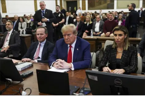  ?? SHANNON STAPLETON — POOL PHOTO VIA AP, FILE ?? Former U.S. President Donald Trump, with lawyers Christophe­r Kise and Alina Habba, attends the closing arguments in the Trump Organizati­on civil fraud trial at New York State Supreme Court in the Manhattan borough of New York, Thursday, Jan. 11. Within days, Trump could potentiall­y have his sprawling real estate business empire ordered “dissolved” for repeated misreprese­ntations on financial statements to lenders, adding him to a short list of scam marketers, con artists and others who have been hit with the ultimate punishment for violating New York’s powerful anti-fraud law.