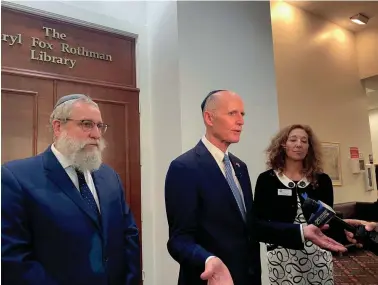 ?? STEPHANY MATAT/PALM BEACH POST ?? U.S. Sen. Rick Scott speaks to Jewish leaders at a Boca Raton synagogue on Oct. 19 as part of a discussion about the Hamas attacks on Israel.