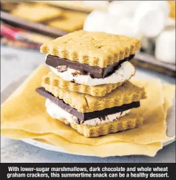  ??  ?? With lower-sugar marshmallo­ws, dark chocolate and whole wheat graham crackers, this summertime snack can be a healthy dessert.