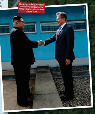  ?? ?? Kim Jong-un (left) and Moon Jae-in shake hands over the Military Demarcatio­n Line on 27 April 2018