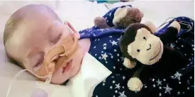  ??  ?? Terminally ill: Charlie Gard in hospital with his cuddly monkey