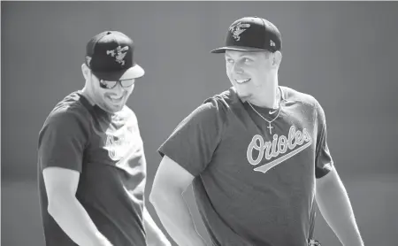  ?? BALTIMORE SUN ?? Orioles infielder Trey Mancini and outfielder Ryan Mountcastl­e take a break during spring training.