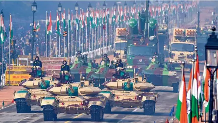  ?? — PTI ?? Army tanks and other weapon systems being showcased during the 72nd Republic Day parade at Rajpath, in New Delhi on Tuesday.