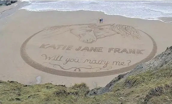  ?? Sandcircle­s.co.uk ?? > Caleb Jellicoe, 21, proposed to Katie Frank, 20, with this enormous message in the sand at Mwnt
