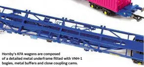  ??  ?? Hornby’s KFA wagons are composed of a detailed metal underframe fitted with VNH-1 bogies, metal buffers and close coupling cams.