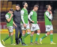  ??  ?? Jack Ross with Hibs players after yesterday’s draw