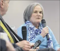  ?? Will Waldron / Times Union ?? Meg Kelly, speaking this month at a Hearst Media Center mayoral forum, is lauded by some for her ability to quell acrimony. Others criticize her charter stand.