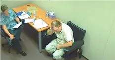  ?? VIDEO IMAGE ?? Brian Matthews is shown at right during an interrogat­ion in this image captured from video.