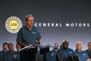  ?? PAUL SANCYA — THE ASSOCIATED PRESS ?? United Auto Workers President Gary Jones speaks July 16 during the opening of their contract talks with General Motors in Detroit. More than 96% of United Auto Workers union members have voted to authorize strikes against Detroit’s three automakers.