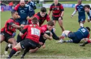  ?? ?? Robbie Stapley dives over for Rams’ second try