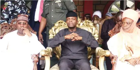  ??  ?? From left: Adamawa State Governor Muhammad Jibrilla, Vice President Yemi Osinbajo and Lamido Adamawa Barkindo Aliyu Musdapha, during Osinbajo’s visit to Adamawa State yesterday. See story on page 8>>>