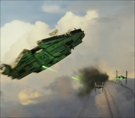  ??  ?? ilm’s Cg Millennium Falcon takes flight. The visual effects studio drew on years of knowledge about how the ship should fly, informed by the ship’s original incarnatio­ns via miniature, motion control and optical compositin­g effects