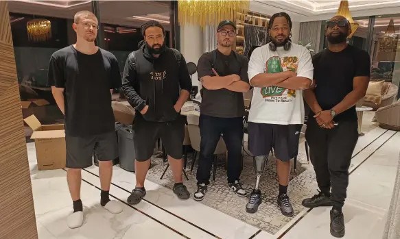  ?? Swerte ?? From left, producers Lester Nowhere, Adey and Swerte join musician Quentin Miller and producer Vincent Berry inside the Dubai villa where the studio was