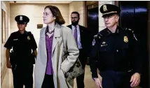  ?? DREW ANGERER / GETTY IMAGES ?? Fiona Hill, a former White House policy adviser, arrives Monday to review transcript­s of her deposition by House committees in Washington, D.C.
