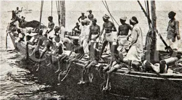  ??  ?? BELOW: Divers sit ready to make the plunge for pearls along the Gulf of Mannar
BOTTOM: Weighed down by stones, divers descend rapidly while
their assistants wait to pull the stones back up
IMAGE: Professor N Athiyaman