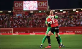  ?? Photograph: Quality Sport Images/Getty Images ?? Goalkeeper Manolo Reina of Mallorca celebrates after watching the winning goal hit the net in injury time.