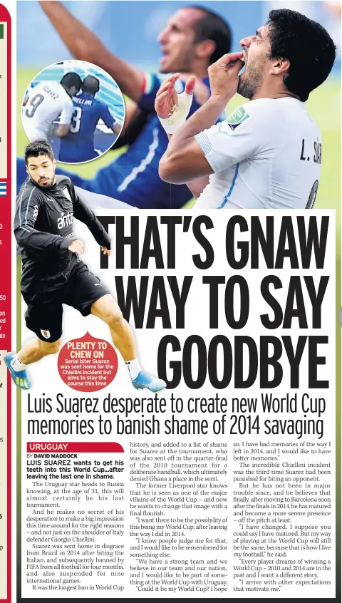  ??  ?? PLENTY TO CHEW ON Serial biter Suarez was sent home for the Chiellini incident but aims to stay the course this time