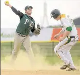  ??  ?? Team P.E.I. second baseman Matt Lange, a Charlottet­own native, tries to turn the double play Wednesday against Saskatchew­an at the Canada Games in Winnipeg.