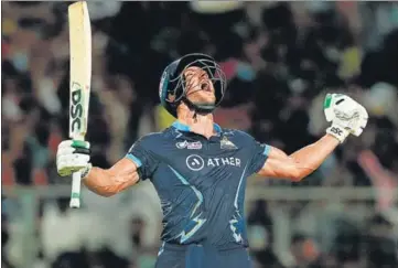  ?? BCCI ?? David Miller celebrates after hitting the winning runs for Gujarat Titans against Rajasthan Royals in Qualifier 1 at the Eden Gardens on Tuesday.