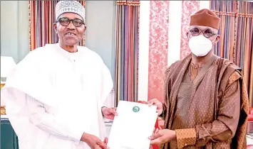  ??  ?? President Muhammadu Buhari receiving Ogun State Governor, Prince Dapo Abiodun ( right) when the latter came to brief him on the recent herders- farmers’ clashes in Yewa North Local Council of the state