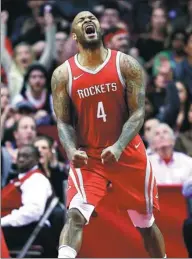  ?? ERIC CHRISTIAN SMITH / AP ?? Houston Rockets forward PJ Tucker reacts after making a basket during the second half of Monday’s NBA game against the Utah Jazz in Houston. The Rockets won 120-99.