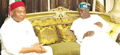  ?? ?? Governor Hope Uzodinnma ( left) and All Progressiv­es Congress ( APC) presidenti­al candidate, Bola Ahmed Tinubu during his visit to the governor at the Imo State Governor’s Lodge, Asokoro, Abuja… yesterday.