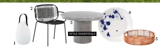  ??  ?? 1. Lexi Lighting ‘Snow Egg’ indoor/outdoor colour-changing LED table lamp with handle, $65.95/14cm x 29cm, Living Styles. 2. ‘Botero’ outdoor chair, $295, Coco Republic. 3. Deck Outdoor Concepts ‘Zen’ concrete outdoor dining table, $899/120cm x 75cm, Remarkable Outdoor Living.
4. ‘Pacific Splash’ plate, $27.95/28.5cm, Royal Doulton. 5. Home Republic ‘Monaco’ rattan tray, $69.99/40cm x 9cm, Adairs.