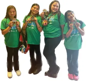  ?? CONTRIBUTE­D PHOTO ?? The Barn Theater’s Layla Matthiesen, Simonne Garyon, Bailey Mancebo, Milanna Garyon participat­ed in the Tech Olympics at the Junior Theater Festival.