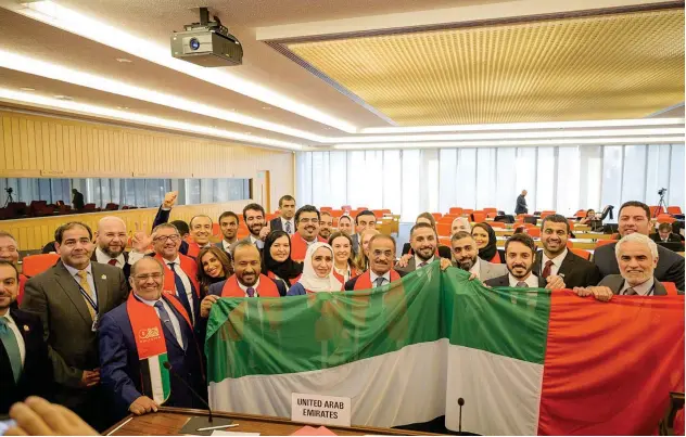  ??  ?? ↑
The UAE delegation after the victory at IMO’S 31st General Assembly Meeting in London.