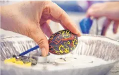  ??  ?? LEFT: Mesh creates intricate designs on an egg at her home. BELOW: Donna Chavez helps her nephew, Ryan Valdivia, melt the beeswax off his pysanky egg during the demonstrat­ion at the south-side library.