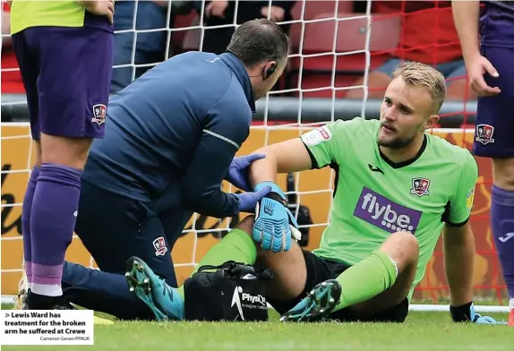  ?? Cameron Geran/PPAUK ?? > Lewis Ward has treatment for the broken arm he suffered at Crewe