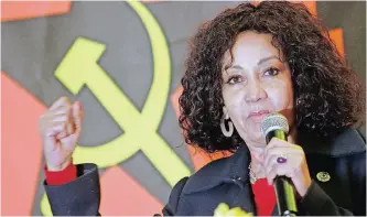  ?? ?? TOURISM Minister Lindiwe Sisulu speaking at the South African Communist Party’s (SACP’s) Red October campaign last year. She questions the power relations between the powerful and the powerless in post-apartheid South Africa, including the psychology of the elite in strategic positions (state machinery), says the writer.