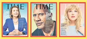  ??  ?? Among those listed are (from left) Nancy Pelosi, Dwayne Johnson and Taylor Swift. — Photo courtesy of Time Magazine