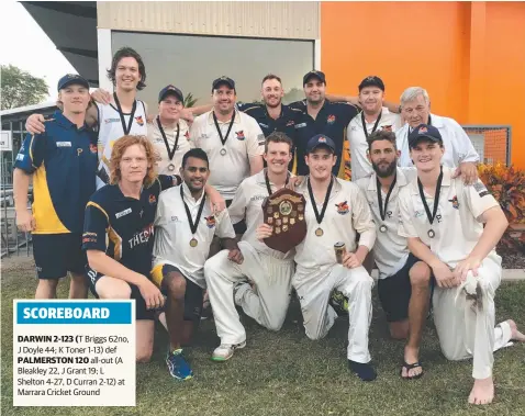  ?? Picture: JOSH SPASARO ?? Darwin Cricket Club celebrated its comprehens­ive nine-wicket victory over Palmerston, and its third consecutiv­e two-day Premier Grade title at Marrara yesterday