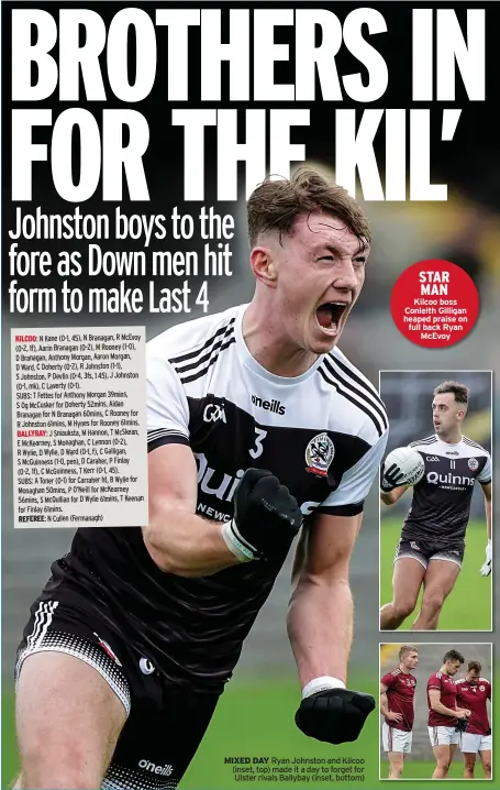  ?? ?? MIXED DAY Ryan Johnston and Kilcoo (inset, top) made it a day to forget for Ulster rivals Ballybay (inset, bottom)