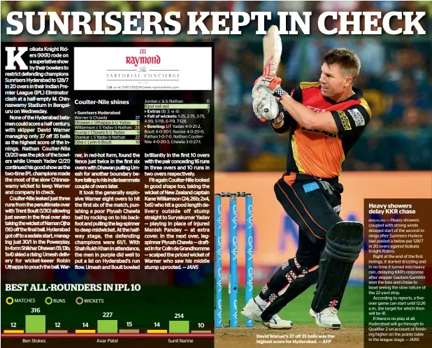  ?? AFP ?? David Warner’s 37 off 35 balls was the highest score for Hyderabad. —