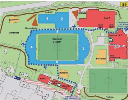  ?? GRAFIK: TSV BAYER ?? So sieht das Raumkonzep­t für den Bayer-sportpark in Corona-zeiten aus: Die blauen Flächen mit den Ziffern 1 bis 5 dürfen für den Sport genutzt werden, wobei jeweils 20 bis 30 Personen zugelassen sind.
