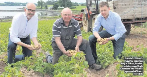  ??  ?? From left: Wilson’s Country chairman Angus Wilson, Comberpota­to grower Hugh Chambers and Wilson’s agronomist StuartMere­dith