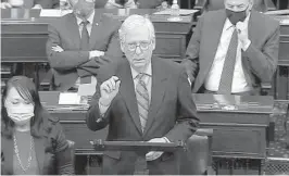  ?? SENATE TELEVISION ?? Senate Minority Leader Mitch McConnell, R-Ky., speaks before the Senate’s final vote on the COVID-19 relief bill Saturday at the U.S. Capitol.