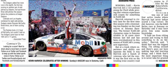  ?? ASSOCIATED PRESS ?? KEVIN HARVICK CELEBRATES AFTER WINNING Sunday’s NASCAR race in Sonoma, Calif.