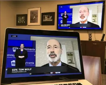  ?? Pittsburgh Post-Gazette ?? Gov. Tom Wolf speaks remotely during a Thursday news conference, where he announced new COVID-19 restrictio­ns, including the closing of gyms and casinos, the shutdown of indoor dining, and suspending high school sports for three weeks.