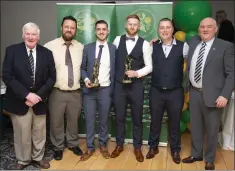  ??  ?? Mick Hagan, vice chairman of Wicklow County Board, Ciaran Martin, Junior ‘C’ manager, Players’ Player award winner Chris Carroll, Player of the Year award winner Darren Burke, manager Trevor Tighe and Wicklow Senior football manager John Evans.