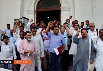  ?? — PTI ?? Left MLAs shout slogans after boycotting the Budget Session at the West Bengal Assembly in Kolkata on Tuesday.