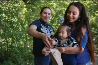  ?? File photo ?? Angelo McHorse empties a handful of wild rose petals into a paper bag with help from his wife, Jacquelene McHorse, and 1-year-old daughter, Judy McHorse, during a day of wild harvesting at Taos Pueblo. The family owns and operates Bison Star Naturals, a vegan soap and lotion company based in Taos. “One thing I always think about when I make things with local products is that it’s like a memory that is built into the product,” Jacquelene said. “So I think that that good energy kind of carries over and people can really sense it.”