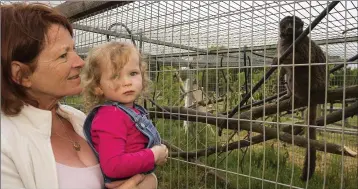  ??  ?? Susan Condron and her granddaugh­ter Elaina Hall from Wexford saying hello to ‘Penny’, a whire fronted brown lemur.