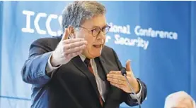  ?? RICHARD DREW/AP ?? AG William Barr told a cybersecur­ity conference that authoritie­s need access to data.