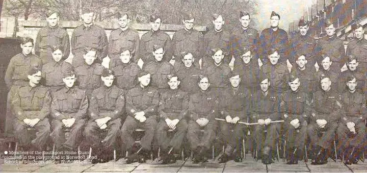  ?? ?? Members of the Southport Home Guard pictured in the playground at Norwood Road School in Southport during World War II