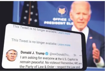  ?? FOTO: PAVLO GONCHAR /IMAGO IMAGES ?? Eine schlichten­de Twitter-Nachricht von Donald Trump auf einem Smartphone vor einem Foto des gewählten US-Präsidente­n Joe Biden. Trumps vorigen Tweets wurden von der Social-Media-Plattform gelöscht.