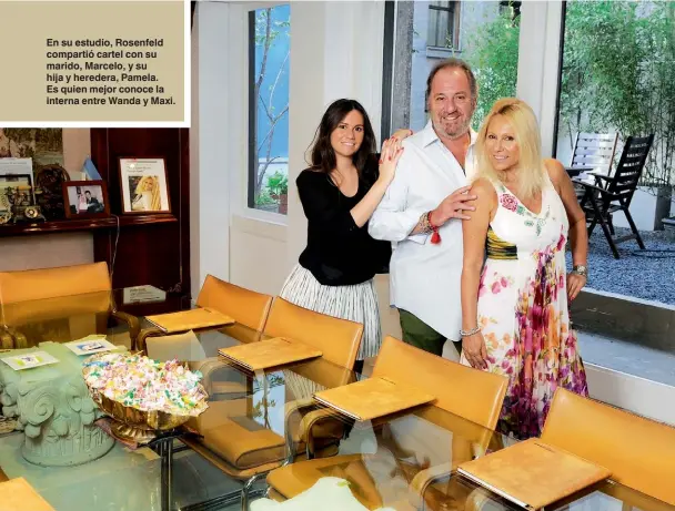  ??  ?? En su estudio, Rosenfeld compartió cartel con su marido, Marcelo, y su hija y heredera, Pamela. Es quien mejor conoce la interna entre Wanda y Maxi.