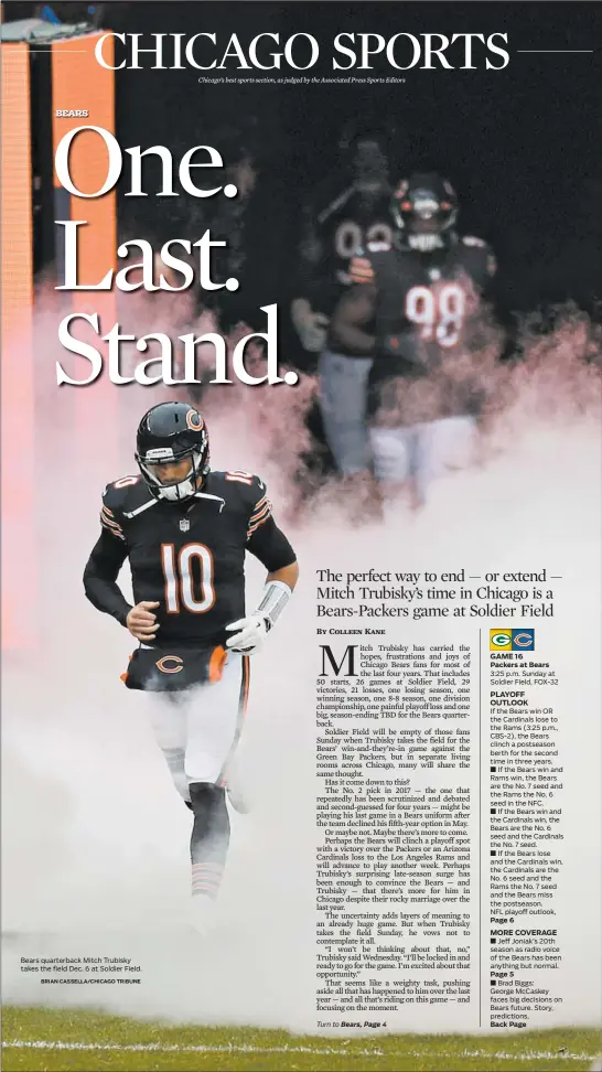  ?? BRIAN CASSELLA/CHICAGO TRIBUNE ?? Bears quarterbac­k Mitch Trubisky takes the field Dec. 6 at Soldier Field.